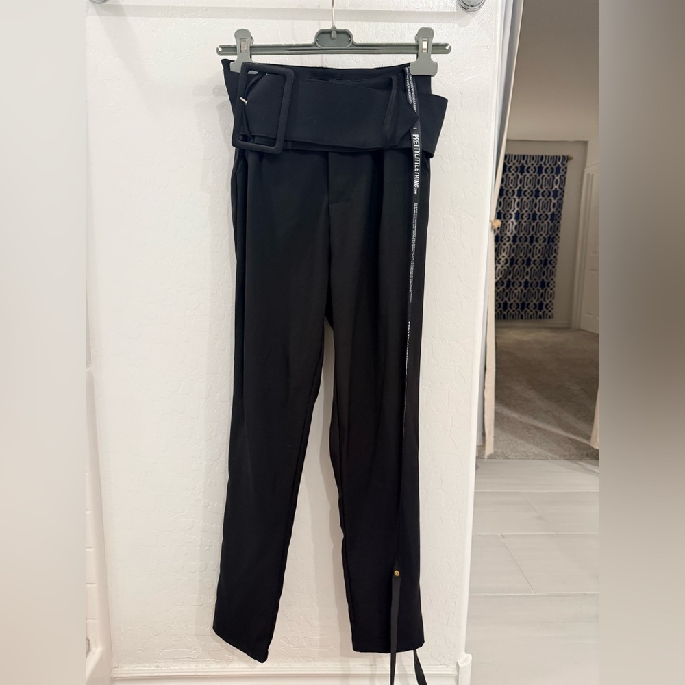PrettyLittleThing Black High-Waisted Belted Slim Trouser